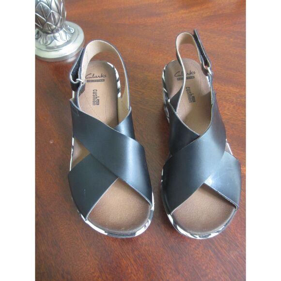 Clarks Shoes - Clarks Stasha Hale Black & White Wedge Sandals Slingback  Women's 5 1/2